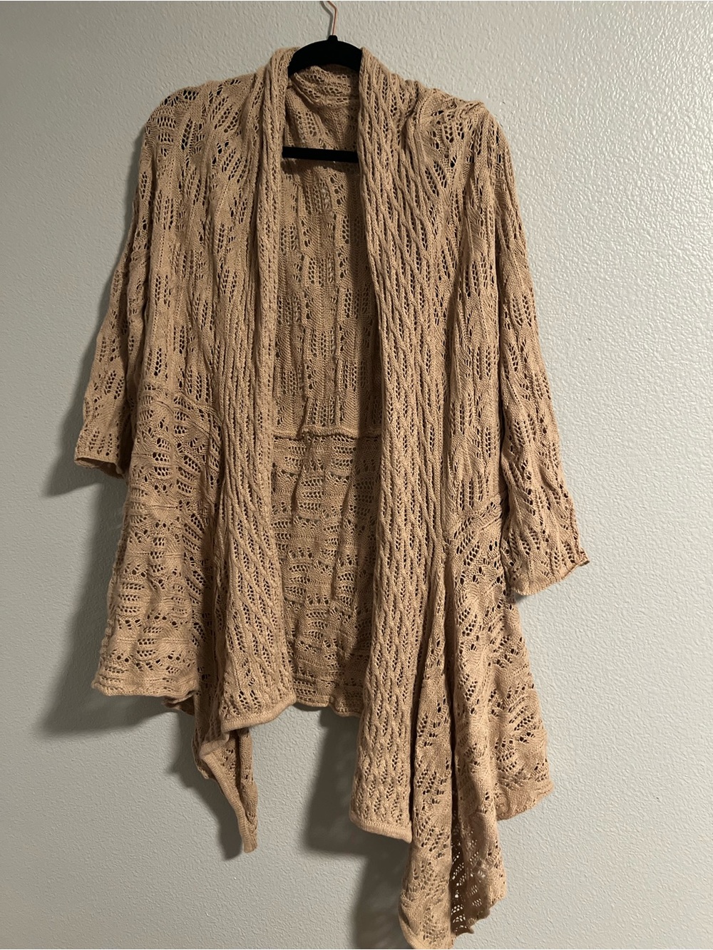 Woman Within Beige Open-Front Crochet Cardigan
